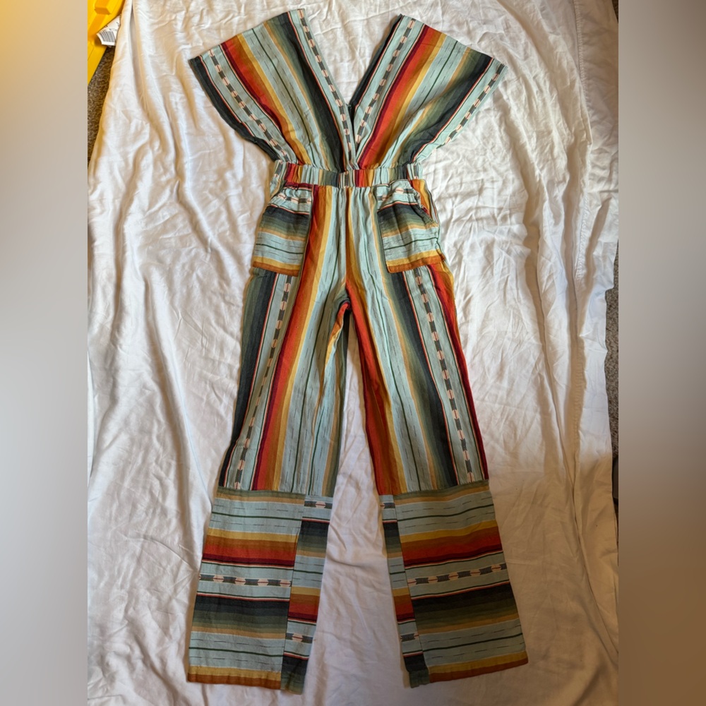 L&B Multistripe V-Neck Jumpsuit in Teal, Rust & Yellow